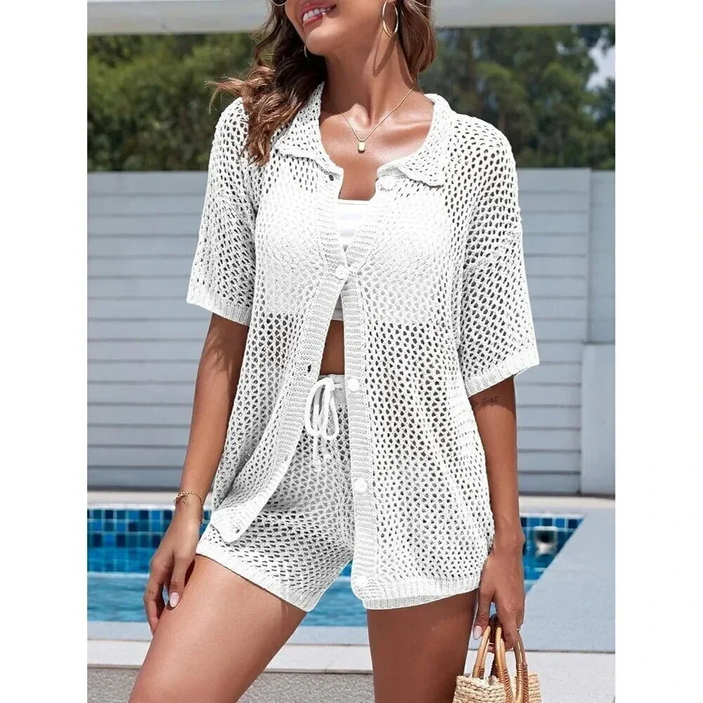 2 Piece Shorts Set for Women Sexy Hollow Out Swimsuit Cover Up Button Down Shirt - Picture 4 of 6